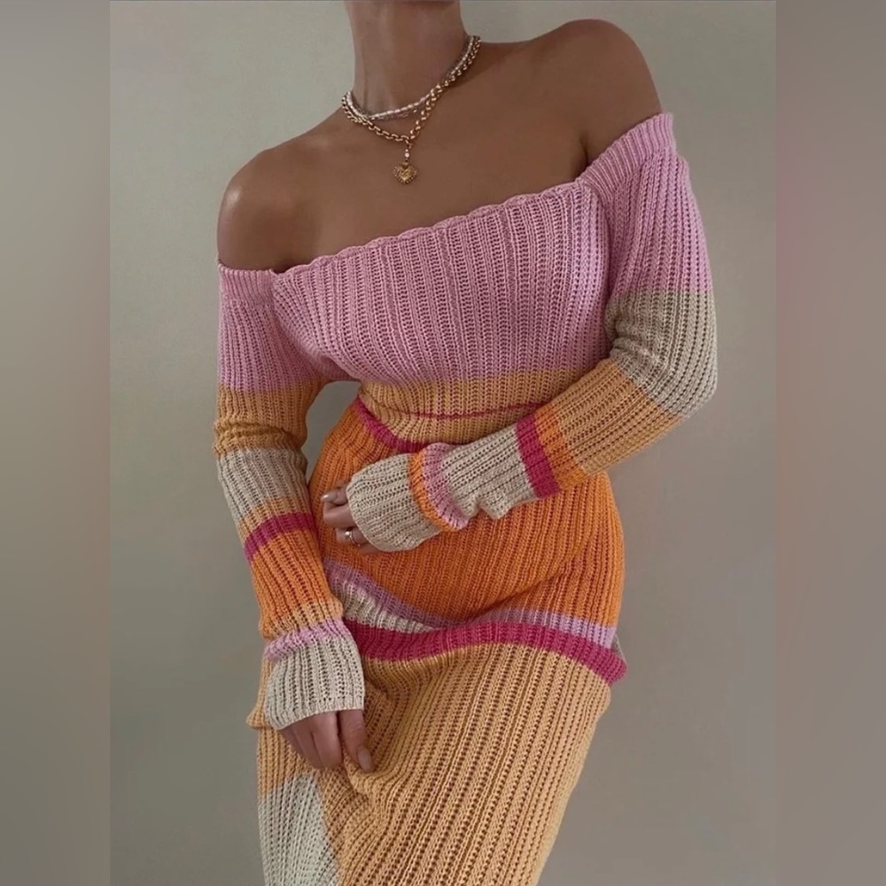 Striped knitted long sleeve maxi dress